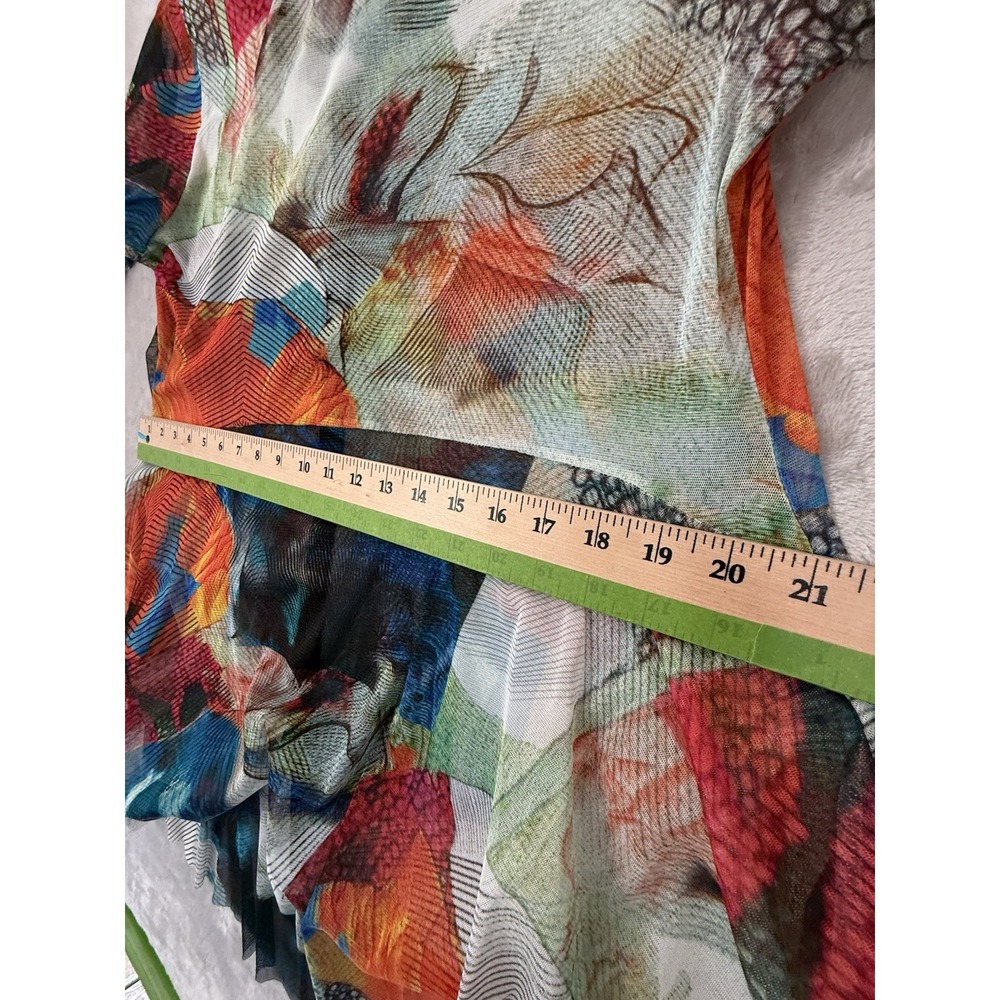 Michael Tyler Women  Large Multi Color Tunic Top Button Up People Bottom Sheer - Picture 9 of 10